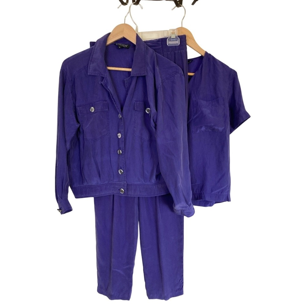 Vtg Carole Little Purple Three Piece Silk Pants Jacket Top Set Size 8P 80s